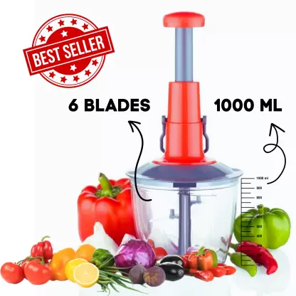 Hachoir à pousser pratique à 6 lames pour la cuisine Hachoir 2 en 1 à lame en acier inoxydable Hachoir à légumes et fruits (hachoir de 1000 ML avec mélangeur) – Image 2
