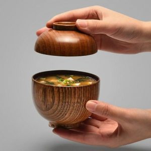Bol à soupe miso avec couvercle en bois naturel